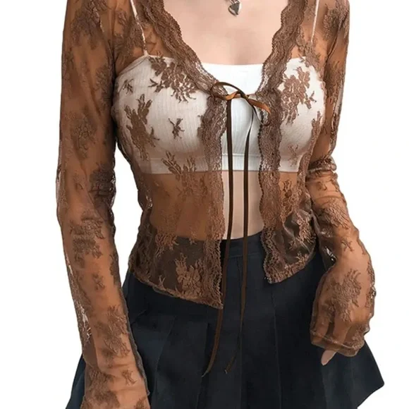 Brown Sheer Lace Cardigan - Picture 1 of 4